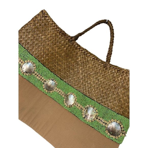 Womens Xlarge Straw Tote Mother of Pearl Bali Seashell Bag Handmade Resort 5215 - Picture 2 of 10